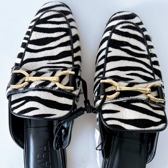 NEW ZARA Calf Hair Leather Zebra Print Mules Open Back Loafer - Picture 4 of 16
